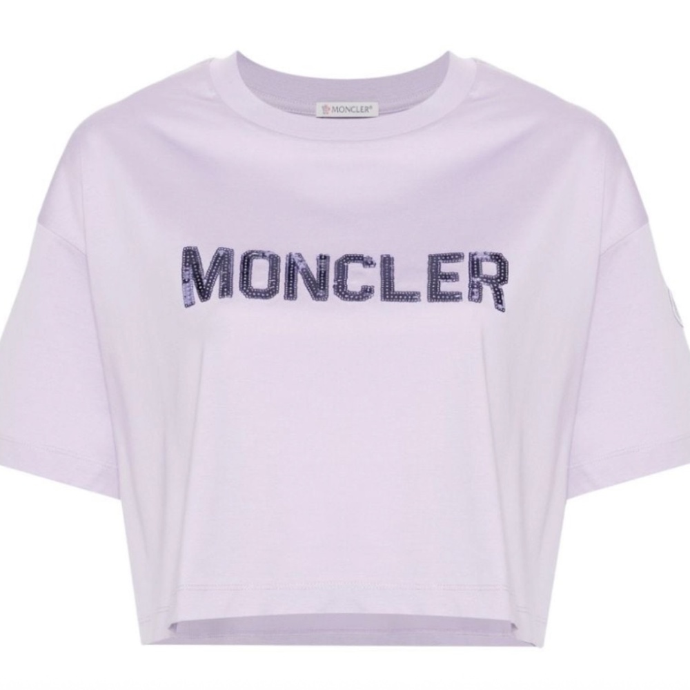 MONCLER Purple Sequin Logo Cropped T-Shirt NWT Designer Causal Top